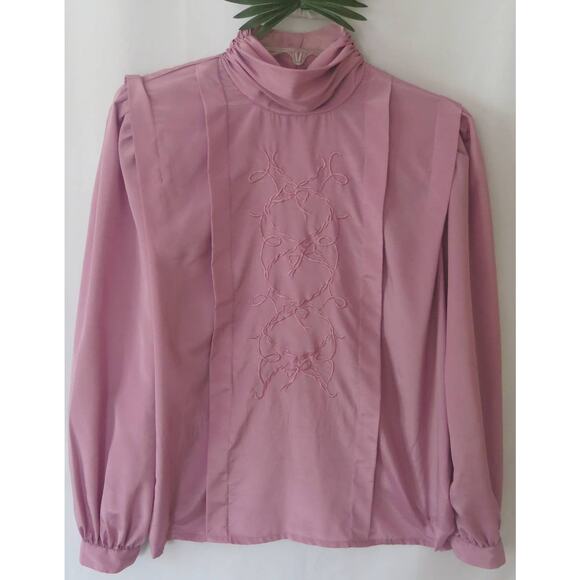 VINTAGE CEO Pleated Long Sleeve Blouse Size 10 Embroidery Ruched Neck Mauve 1980 - Picture 1 of 10